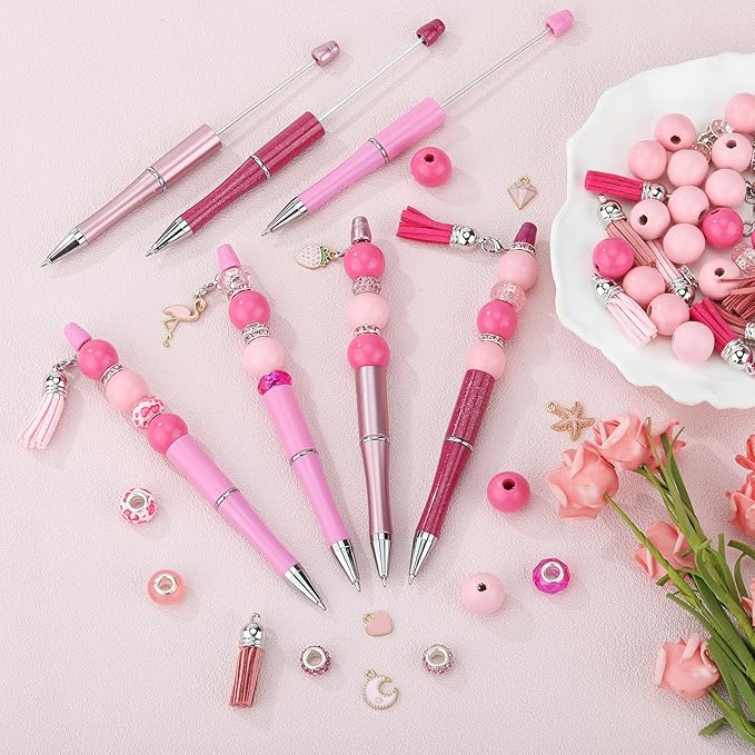 12pcs Valentine's Day Beadable Pens Bulk Pens for Beads Beaded Pen Kit for Students Teacher Office Supplies and DIY Valentines Day Gifts(Pink)