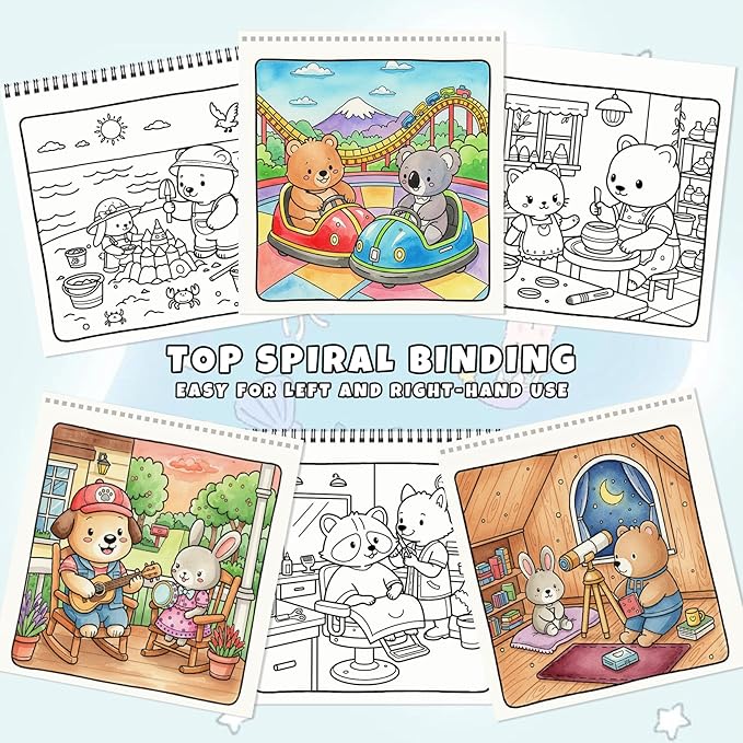 Cozy Coloring Book for Adults and Kids – Featuring Fuzzy’s Cute Animal Urban Life Moments, Bold and Easy, Simple Coloring Book for Teen Relaxation & Mindfulness Gift for Women, Spiral Bound Design