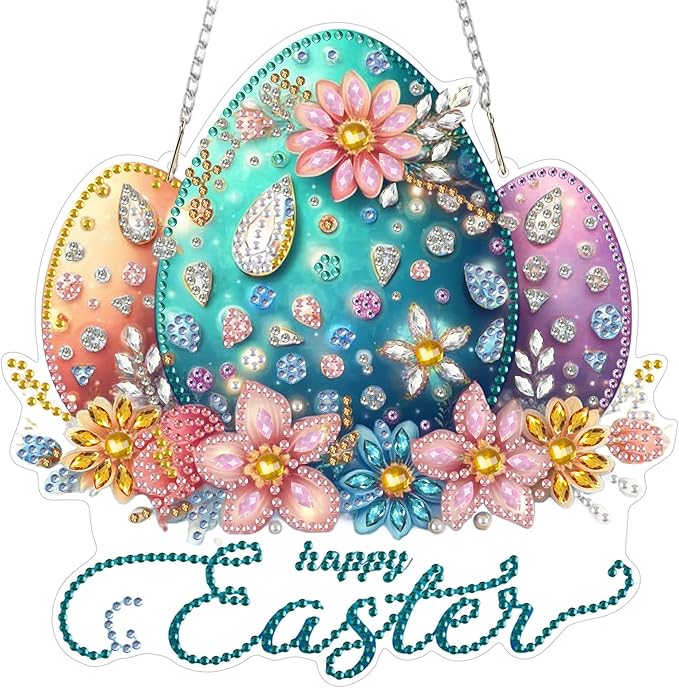 MOGTAA Easter Egg Diamond Art Hanging Kits for Adults Beginners, Flowers Diamond Art Suncatchers, 5D Special Shape Landscape Diamond Painting Window Pendant Kit for Home Garden Wall Decor