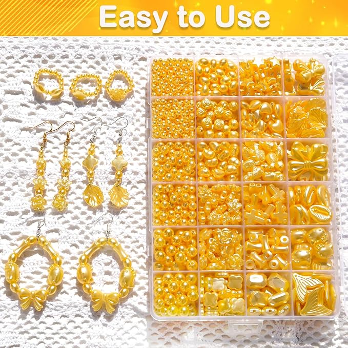 1170 Pcs ABS Imitation Pearl Beads for Jewelry Making, Assorted Heart Star Bowknot Circle Flower Aesthetic Cute Bead for Bracelet Necklaces Earrings Key Chains DIY Phone Charm Crafts (Yellow)