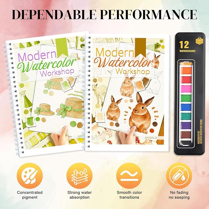 APOLYONE 2-Pack Beginner Watercolor Workbooks: 24 Coloring Pages + 12 Watercolor Paints + Brush – 300gsm/140lb Paper – Gift for Women, Adults & Beginners (Garden & Animals)