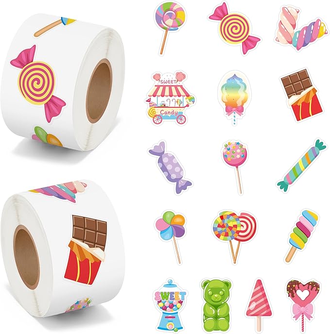 beyumi candy party sticker roll - 1000pcs candy party stickers in 2 rolls waterproof vinyl sweets themed cute dessert decal for gift laptop bottle scrapbooking luggage computer envelope decor for kids