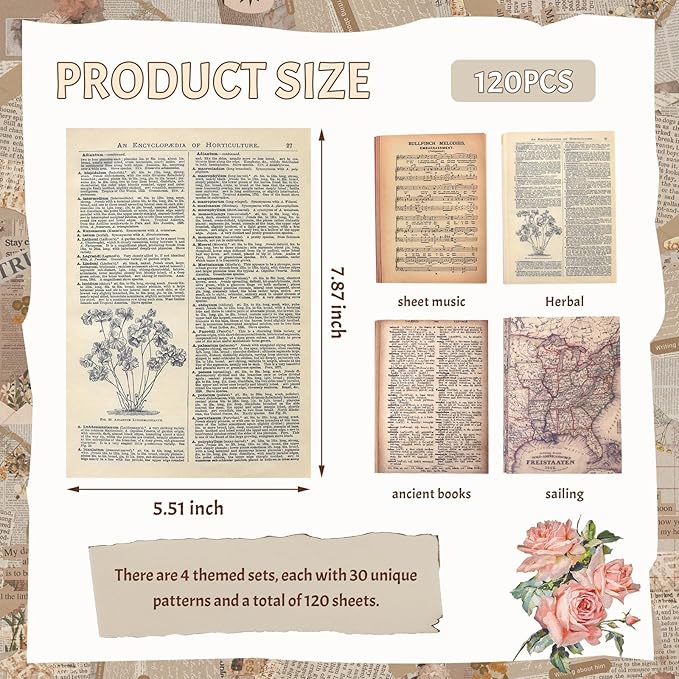 BILLIOTEAM Junk Journal Pages Vintage Handmade Scrapbook Sheets, Including Magazine, Newspaper, Sheet Music and Kraft for Scrapbooking Decoupage Background DIY Craft Decoration 120PCS