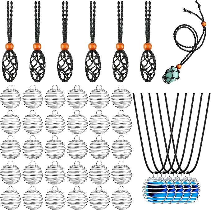 Shappy 66 Pieces Crystal Necklace Holder Empty Stone Holder Spiral Bead Cages Pendants with Adjustable Cord Fish Netted Rope Black Waxed Necklace Cord for Rock Jewelry Making Crafting Finding