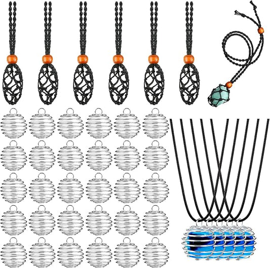 Shappy 66 Pieces Crystal Necklace Holder Empty Stone Holder Spiral Bead Cages Pendants with Adjustable Cord Fish Netted Rope Black Waxed Necklace Cord for Rock Jewelry Making Crafting Finding
