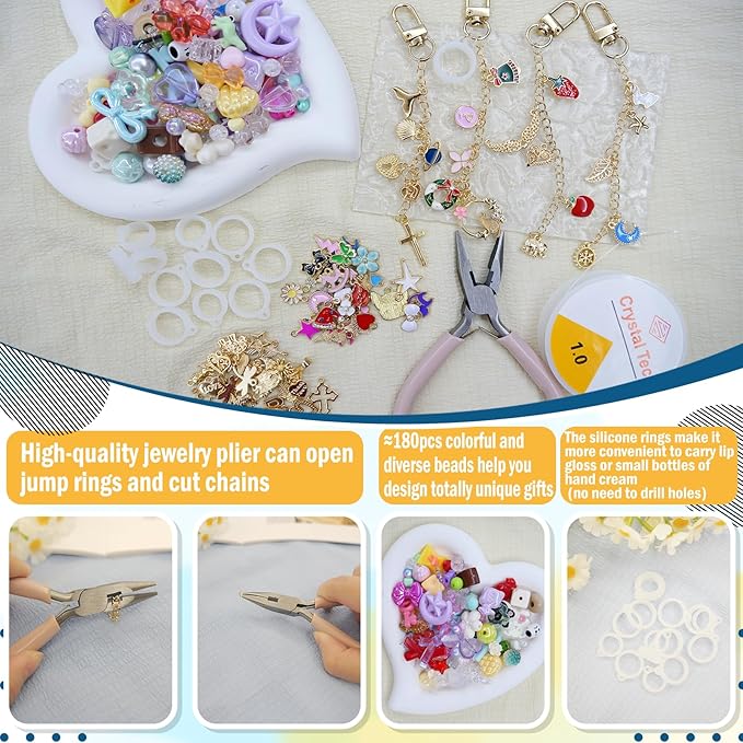 LEIOSAGN 531pcs Lip Gloss Keychain Jewelry Making Kit with 12 Keychain Clips, 12 Extender Chains, 60 Charms, 180 Mixed Acrylic Beads, 12 Silicone Rings, Jump Rings, Wire, Plier, Resealable Pouch Bags