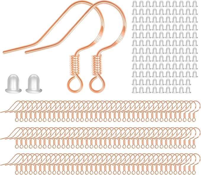 menkey 925 sterling rose gold earring hooks 120 pcs/60 pairs hypoallergenic ear wires fish hooks for jewelry making, jewelry findings parts with 120 pcs rubber earring backs stopper for diy earrings
