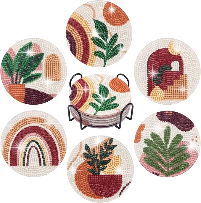 Temlum 6 Pcs Diamond Painting Coasters with Holder, Abstract Plants Coasters Diamond Art Kits for Beginners, Adults Small Diamond Painting Kit Art Craft Supplies