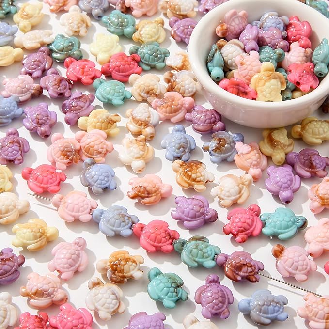 200pcs Acrylic Turtle Beads Ocean Sea Theme Turtle Charms Summer Hawaii Beaded for Jewelry Making Beading Kit Bracelets DIY Supplies (Color Turtle)