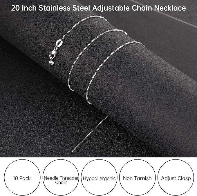 10 Pack Stainless Steel Dainty Box Chain Bulk 20Inch 1.1mm Adjustable Charm Necklace Chains With Rubber Stopper for Jewelry Making