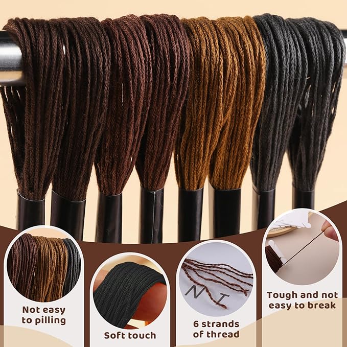 25 Skeins Embroidery Thread, Brown Series Cotton Embroidery Floss, Cross Stitch Threads Embroidery Thread Floss Bracelet String Including Floss Bobbins for DIY Bracelet Making Craft