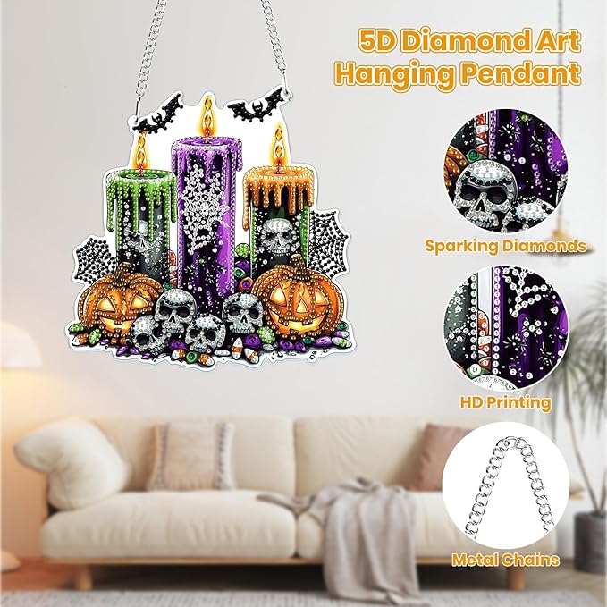 MOGTAA Skull Halloween Diamond Art Hanging Pendant Kits, Pumpkin Diamond Art Kits for Adults, 5D Special Shape Candle Diamond Painting Gem Art for Home Garden Wall Decor