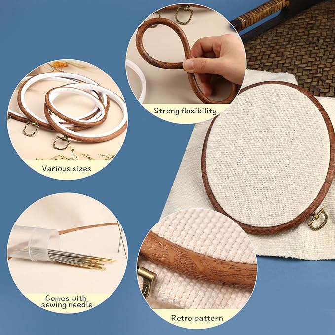 4 pack oval embroidery hoops, imitated wood display frame circle and oval embroidery kits with 30 pieces large eye embroidery needles, quilting hoop and cross stitch supplies for sewing and wall hang
