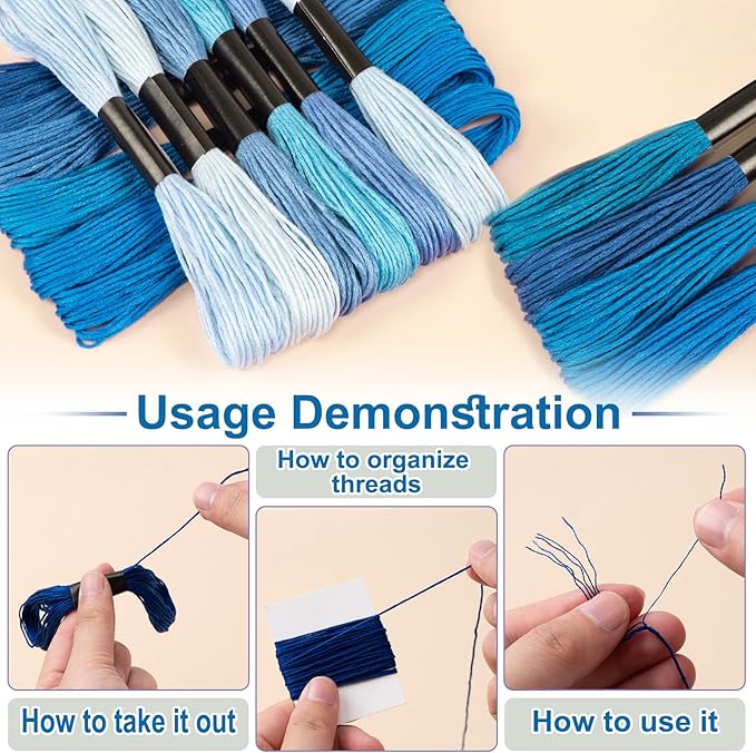 Friendship Bracelet String, 12 Skeins Blue Series Cross Stitch Thread, 344.5 Inch Cotton Embroidery Floss, Hand Embroidery Thread for DIY Sewing and Embroidery Crafts Making