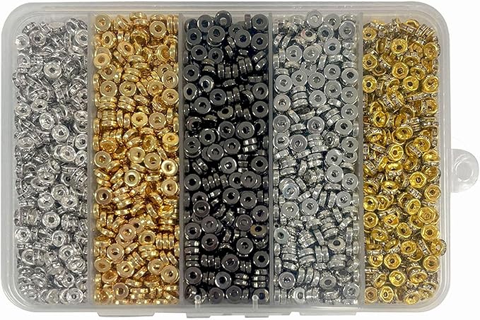 6mm Flat Round Spacer Beads, Clay Beads for Bracelets Making Kit, Heishi Polymer Flat Disc Spacer Beads for Jewelry Making, Clay Beads for Jewelry Making Gold Beads Silver (1700pcs(500Rhinestone))