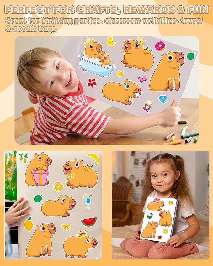 aowplc capybara make-a-face stickers, 32 sheets for kids’ crafts, fun capybara party favors & birthday decorations
