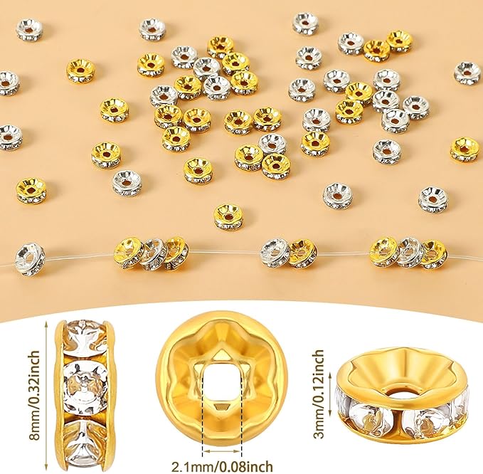 Augshy 700Pcs Rondelle Spacer Beads,8 mm Silver and Gold Rhinestone Spacer Beads for Jewelry Bracelet Making Birthday Party Necklace Friendship Bracelets Hair Beads Crafts