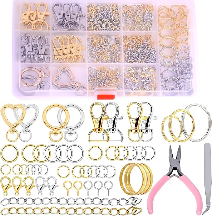 Prdingfy 579PCS Keychain Making Kit, Key Chain Supplies Including Keychain Clip, Key Rings, Lobster Claw Clasps, Jump Rings, Extender Chain,Pliers for Key Chain Making and Jewelry Making(Gold&Silver)