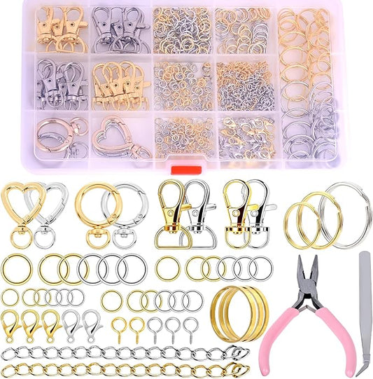 Prdingfy 579PCS Keychain Making Kit, Key Chain Supplies Including Keychain Clip, Key Rings, Lobster Claw Clasps, Jump Rings, Extender Chain,Pliers for Key Chain Making and Jewelry Making(Gold&Silver)