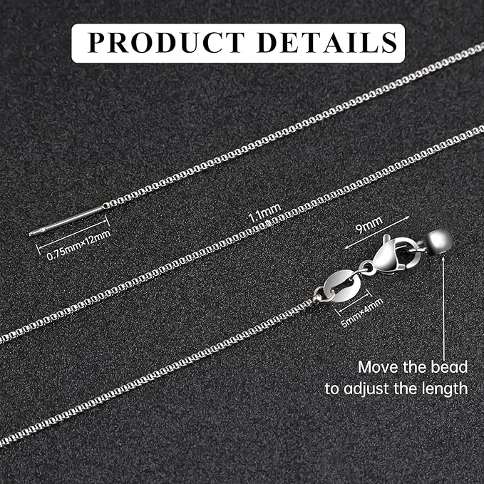 10 Pack Stainless Steel Dainty Box Chain Bulk 20Inch 1.1mm Adjustable Charm Necklace Chains With Rubber Stopper for Jewelry Making
