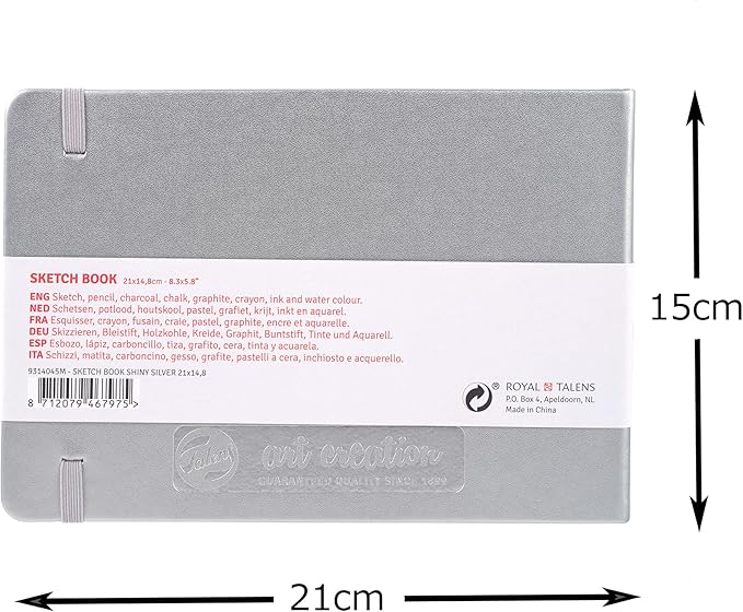 Talens Art Creation T9314-045M 445977 Talens Art Creation Sketchbook, Drawing Notebook, 80 Sheets (21 x 15 cm), Shiny Silver, 4.9 oz/yd² Thick, 5.9 oz/yd², Fine, Acid-Free Paper, 80 Sheets