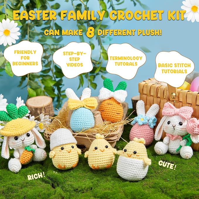 MAGIMUSE Crochet Kit for Beginners, Crochet Starter Kits for Adults Amigurumi Craft Knitting Crochet Animals Kits w Step-by-Step Video Tutorials, Easter Bunny/Chick/Eggs(40%+ Yarn)