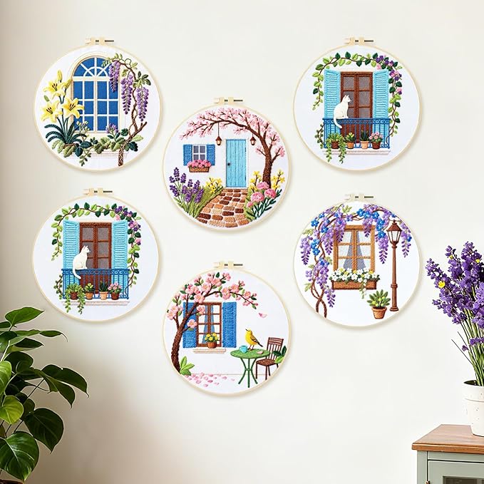 BEUNITONE Windows Flowers Embroidery Kit, 6PC Vintage Garden Scene with Birds Cat, Cottage Core Needlepoint Kits for Adults Beginners, DIY Home Decor Gift