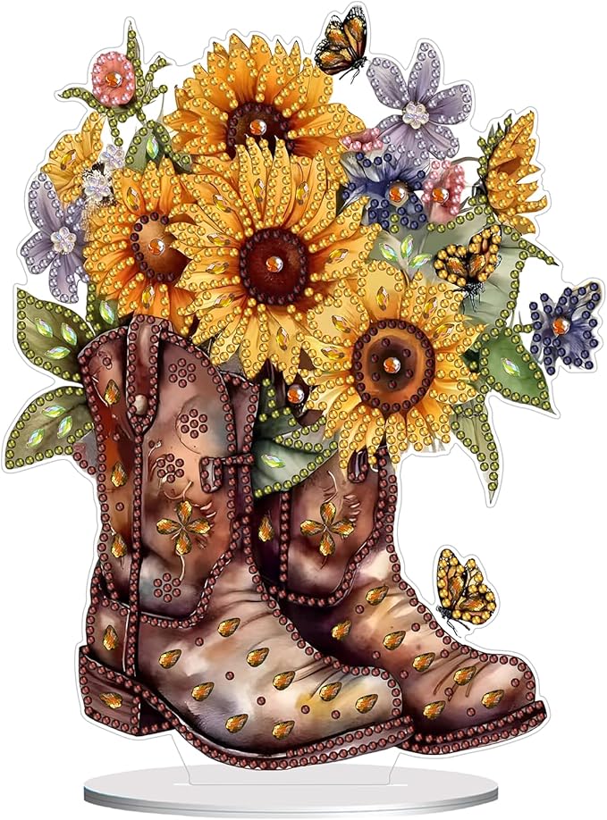 hyzsj DIY Diamond Desktop Ornament Retro Shoes, Crystal Sunflowers Diamond Art Painting Tabletop Ornaments Single Sided, Diamond Ornament for Adult Beginner Home Office Decor Crafts Gift