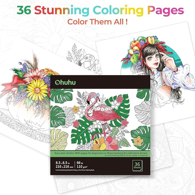 Ohuhu Markers Brush Tip 48-colors with 36-sheet Coloring Book - Double Tipped Markers for Adults Coloring Books - Art Marker Set Bundles with 100% Bleed-proof Pages - Fine & Brush Dual Tips