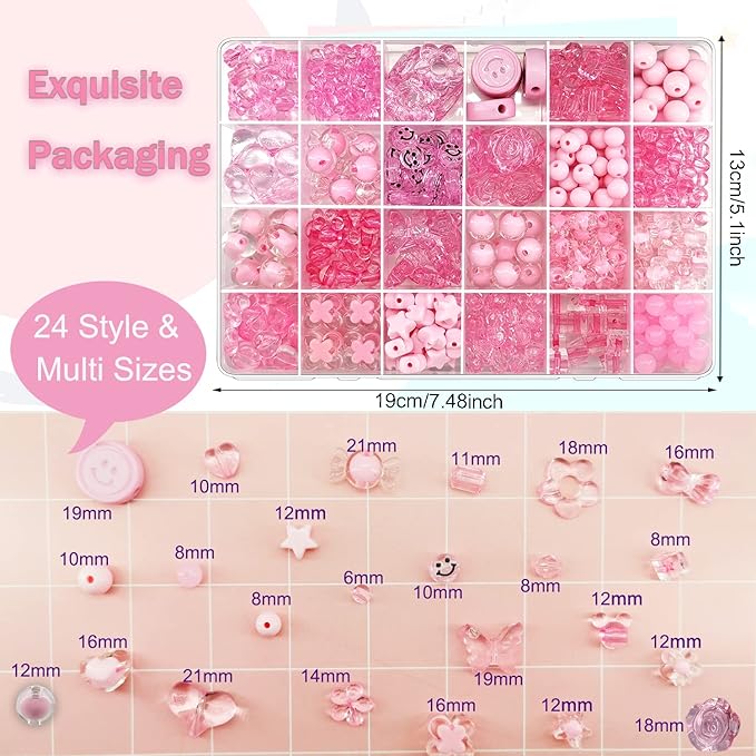 465Pcs Pink Series Acrylic Assorted Beads Flower Heart Star Smile Butterfly Mickey Candy Beads Pastel Beads Plastic Beads Cute Bead Round Beads Bulk for Bracelets Jewelry Making Necklaces DIY Crafts