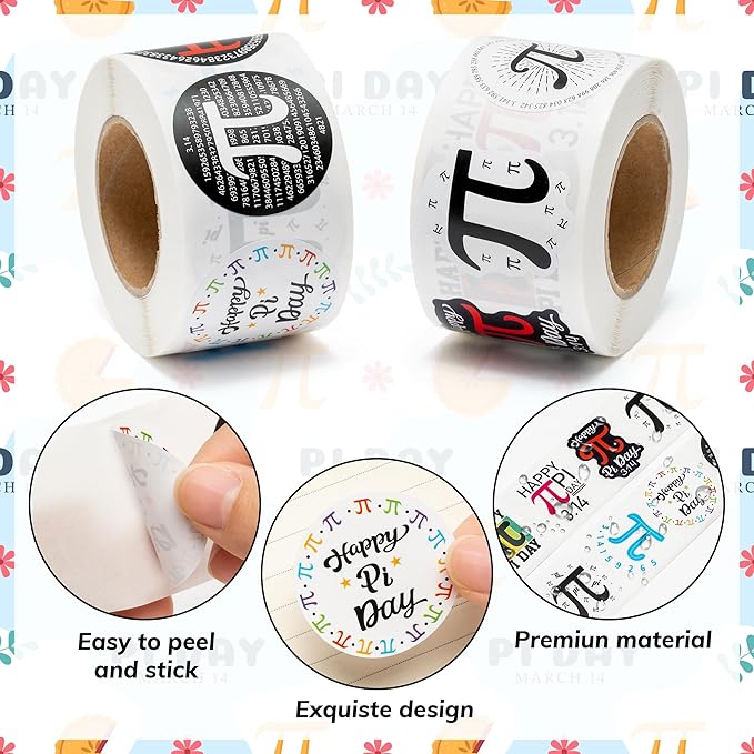 beyumi 1000pcs pi day math themed stickers in 2 rolls π day stickers waterproof vinyl decals decoration for laptop bottle scrapbooking envelopes math party supplies gift classroom decor for kids teens