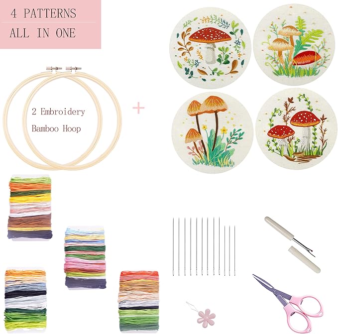 Bonroy 4 Sets Embroidery Kit for Beginners with Instructions,Cross Stitch Kits for Adults with Pattern,Needlepoint Kits for Adult Include Embroidery Cloth Hoops Needles Threads(Mushroom)