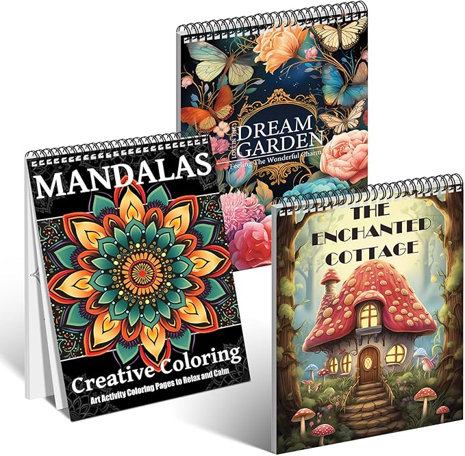 3Pcs Coloring Books for Adults Relaxation, Adult Coloring Books for Women Spiral Bound Printed On One Side, Mindfulness Gifts with 72 Patterns for Women to Relax(Mandala & Garden & Cottage)