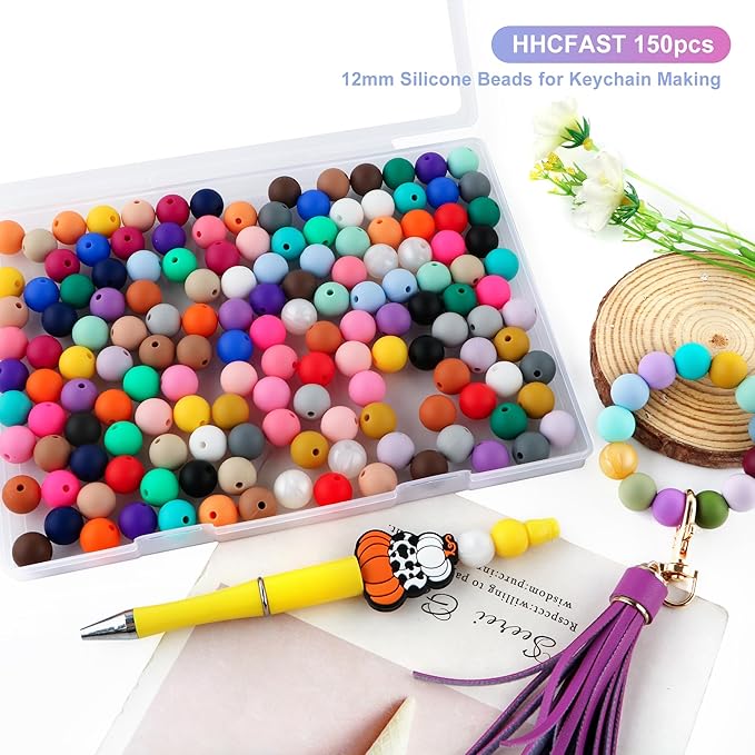150Pcs 12mm Silicone Beads for Keychain Making and Bracelet Making,30 Colors Round Silicone Beads for Pens（Multicolor）