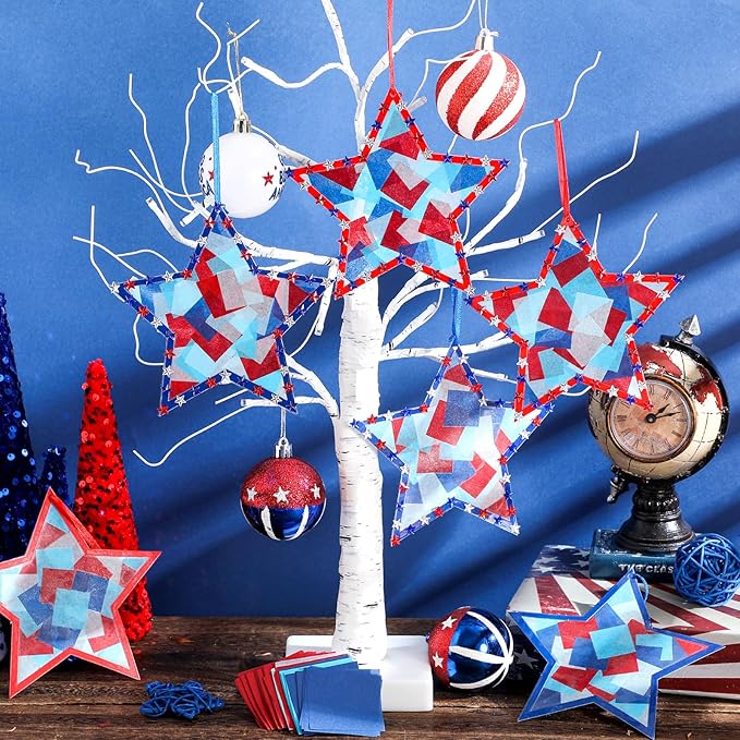 Yaomiao 30 Set Memorial Day Patriotic Suncatchers Paper Crafts Kit DIY Star Shaped Stained Glass Effect Tissue Paper Activities Hanging Decor Gift for Memorial Day