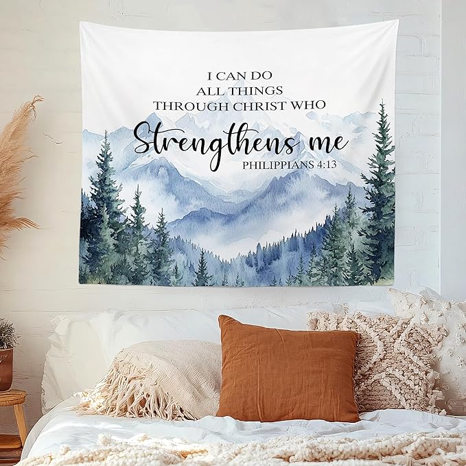MNASAIOO Christian Mountian Woods Wall Tapestry Hanging for Bedroom, Bible Verse Scripture I can Do All Things through Christ Tapestries, Watercolor Wall Decor for Living Prayer Room Church 50x60in