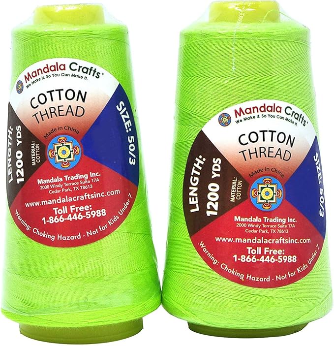 Mandala Crafts Lime Green Thread Cones for Machine and Hand Quilting - 2400 Yds 50 WT Multiple Purpose Mercerized 100% Cotton Threads for Sewing Machine Serger Embroidery