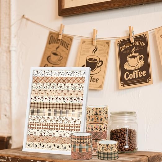 12 Rolls Martini Washi Tape, Vintage Brown Checkered Bow Masking Tape, Martini Coffee Decorative Sticker for Birthday Party Afternoon Tea Holiday Scrapbook Journal DIY Craft Gift Wraps 16.4FT
