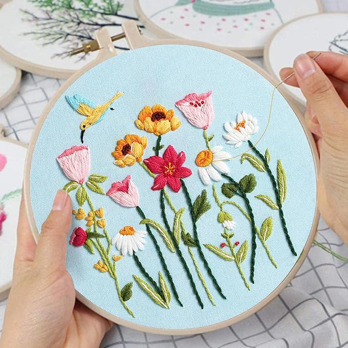 louise maelys embroidery kit canvas tote bag for beginners,cross stitch kits for adults,diy crafts needlepoint include hummingbird floral pattern,women shopping reusable grocery bags