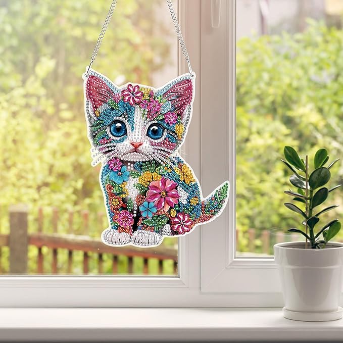 HEIBAGO DIY Hanging Diamond Art Kit Cat,Acrylic 5D Painting Window Pendants Flower,8.3 * 8.3 inch Double Sided Gem Art Ornament Kit,Diamond Art Ornament Kit for Home Wall Decor