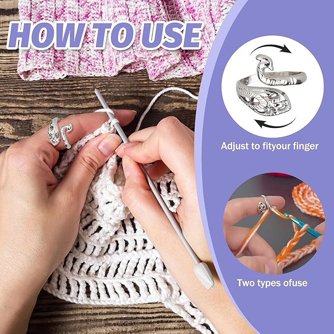 Varpotle 10Pcs Crochet Ring for Women with 45 Crochet Stitch Markers and 6 pcs Sewing Needles,Adjustable Open Crochet Tension Ring for Finger Crocheters Knitters,Stitch Markers for Crocheting