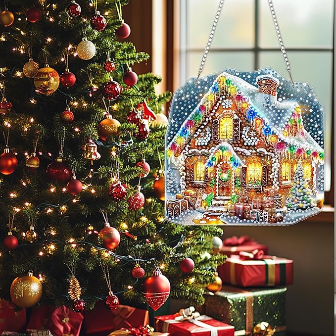 SENQAO Christmas Diamond Art Hanging Kits for Adults Kids, Christmas House Diamond Art Suncatchers, 5D Special Shape Diamond Painting Pendant Window Ornament Gifts for Home Door Wall Decor