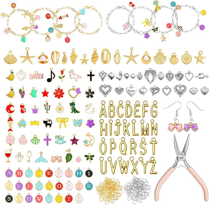 Yuanan 379 PCSCharm Bracelet Making Kit, DIY Charm Bracelet Kit Chain Bracelets Making Kits Including Paperclip Chain Bracelets Charms Jump Rings Pliers Tools for Women Crafts Gift