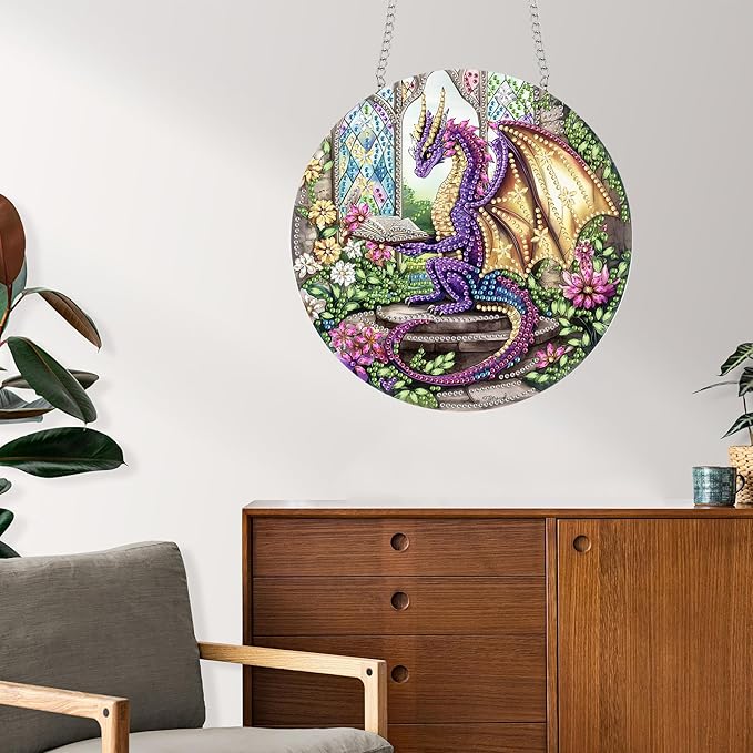 Reofrey Hanging Diamond Art Kits for Adults - 8x8 Inch Dinosaur Acrylic Board Double Sided Pattern Diamond Art Suncatcher Pendant, DIY Crystal Art for Home Wall or Window Decoration Handmade Gift