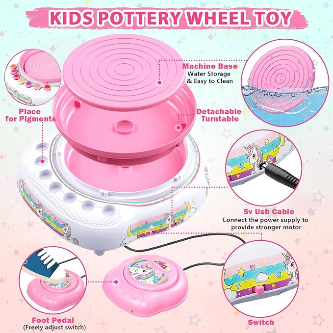 Pottery Wheel for Kids, Arts & Crafts Pottery Painting Toys Kit for Kids Ages 8-12, Unicorn Art Supplies with 3 Pack Air Dry Clay and Tools, Birthday Easter Gift for Girls Boys 6 7 8 9 10 11 12