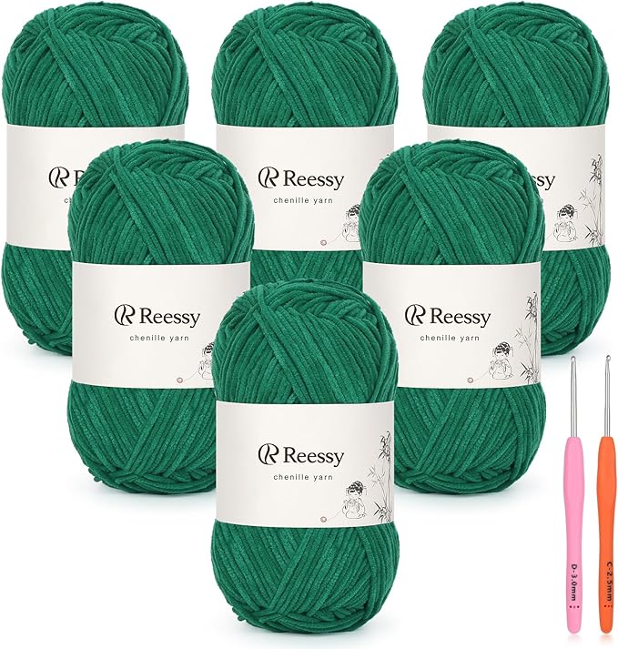 Skinny Chenille Yarn for Crocheting - 6 Pack of 50g/1.76oz - Soft Thin Chenille Yarn - Baby Weights CYC #2, Gentle for Baby Blankets, Plush Toys & Wearables - 951yd Total (Forest Green)
