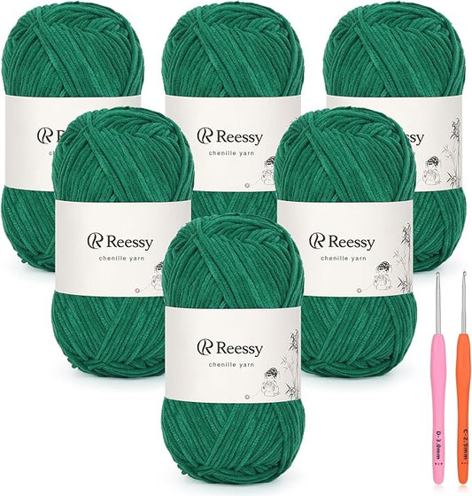 Skinny Chenille Yarn for Crocheting - 6 Pack of 50g/1.76oz - Soft Thin Chenille Yarn - Baby Weights CYC #2, Gentle for Baby Blankets, Plush Toys & Wearables - 951yd Total (Forest Green)