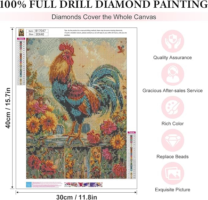 Yezavesu Chicken Diamond Art Kits for Adults, Chicken Diamond Painting Kit for Beginners, 5D DIY Round Full Drill Painting with Gem Art Craft Kits for Home Wall Decor 12x16 Inch