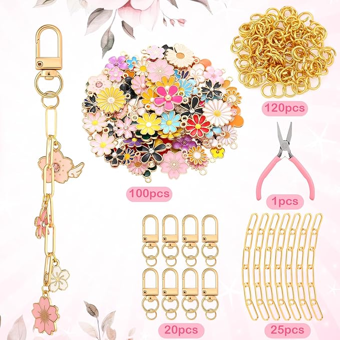 Tondiamo 266 Pieces Flower DIY Gold Keychain Making Kit Floral Daisy Bag Charm Jewelry Making Sunflower Ornaments Bulk for Key Ring Art Adults Women Bag Gift