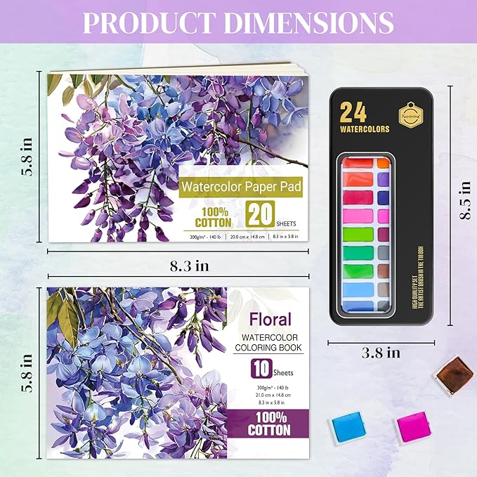 Vashly Watercolor Coloring Book Kit for Adults - Complete 24-Color Paint Set with Brush, 8.3"x5.8" Premium 100% Cotton Paper Pad, Beginner-Friendly Floral Art Therapy & Stress Relief Workbook